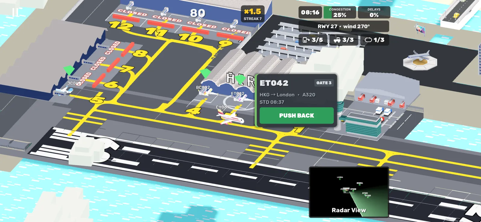 A busy airport with departures lined up at the gates