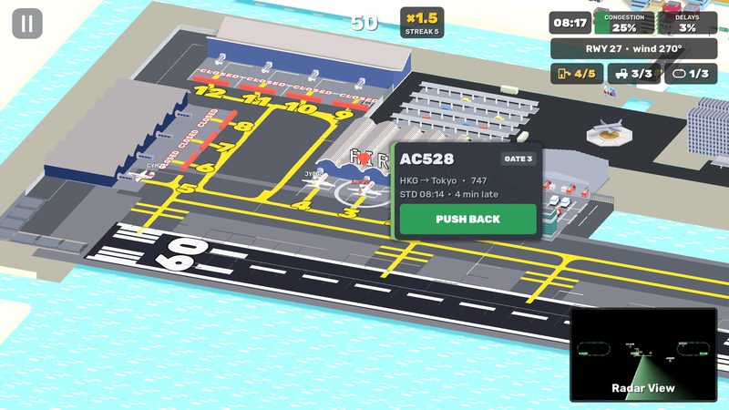 A busy island airport with a flight strip open