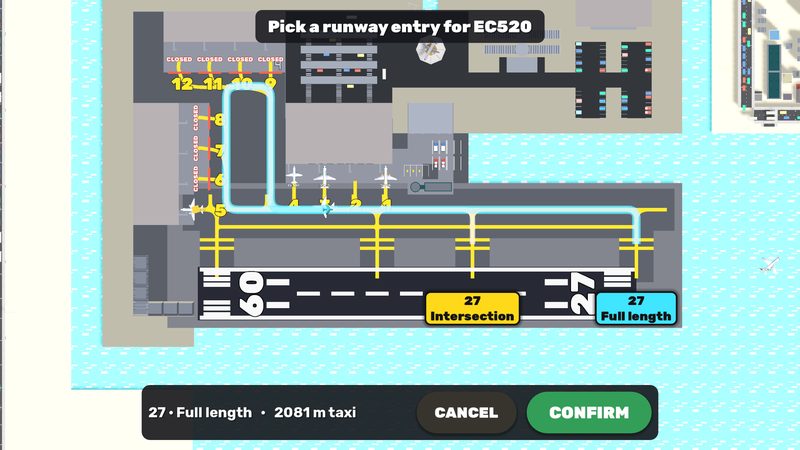 The taxi route map with runway entries to pick from
